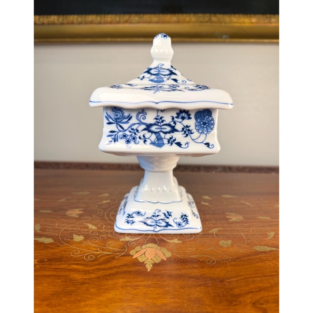 Vintage Blue Danube Wedding Bowl • Blue Onion Porcelain Pedestal Box with Lid